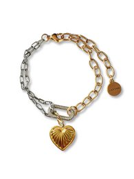 Luud link bracelet with zirconia and heart-shaped charm. Bracelet features a mix of silver and gold-tone chains with a heart-shaped charm.