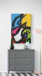 Vibrant abstract wall art with bold colors and organic shapes, suitable for modern home decor.