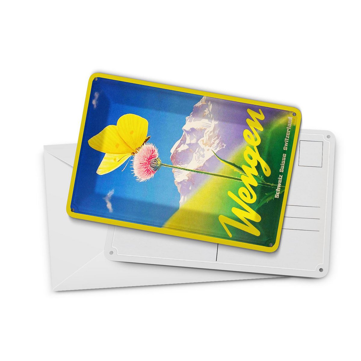 Cartolina da viaggio in latta 10x14 cm Wengen Svizzera fiore con farfalla insegna decorativa