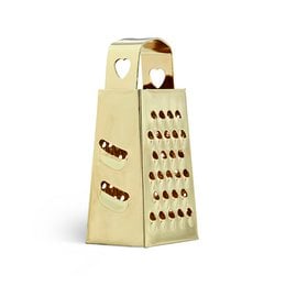 A gold-colored, four-sided grater with various grating surfaces, including a heart-shaped hole. The grater has a sturdy, durable construction and is suitable for grating a variety of ingredients.