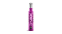  Purple glass bottle, spray dispenser, premium olive oil packaging, sleek cylindrical shape, metallic silver top