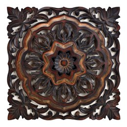 Decorative wooden wall hanger with 3D flower design, brown color, dimensions (W/H/D) 40x40x3cm, suitable for wall decor.
