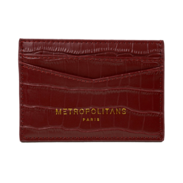 A compact, burgundy-colored card holder made of textured leather with the "Metropolitans Paris" logo embossed on the front.