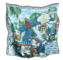 Ecole de cirque scarf, a colorful silk scarf featuring acrobatic circus performers in a vibrant, abstract design.