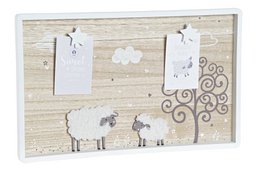 Natural wooden frame with decorative sheep and cloud shapes, suitable for displaying photos or memos.