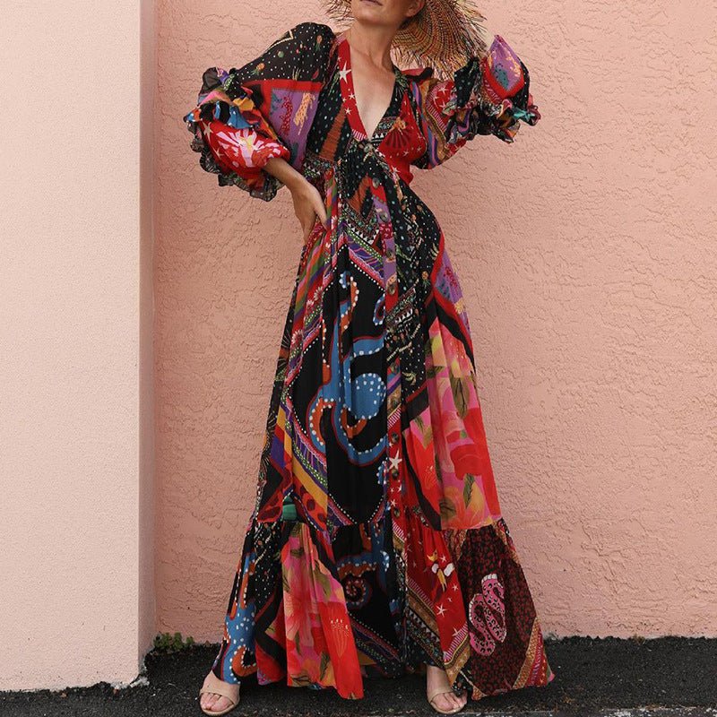 Abito Boho stampato a maniche lunghe con scollo a V da donna