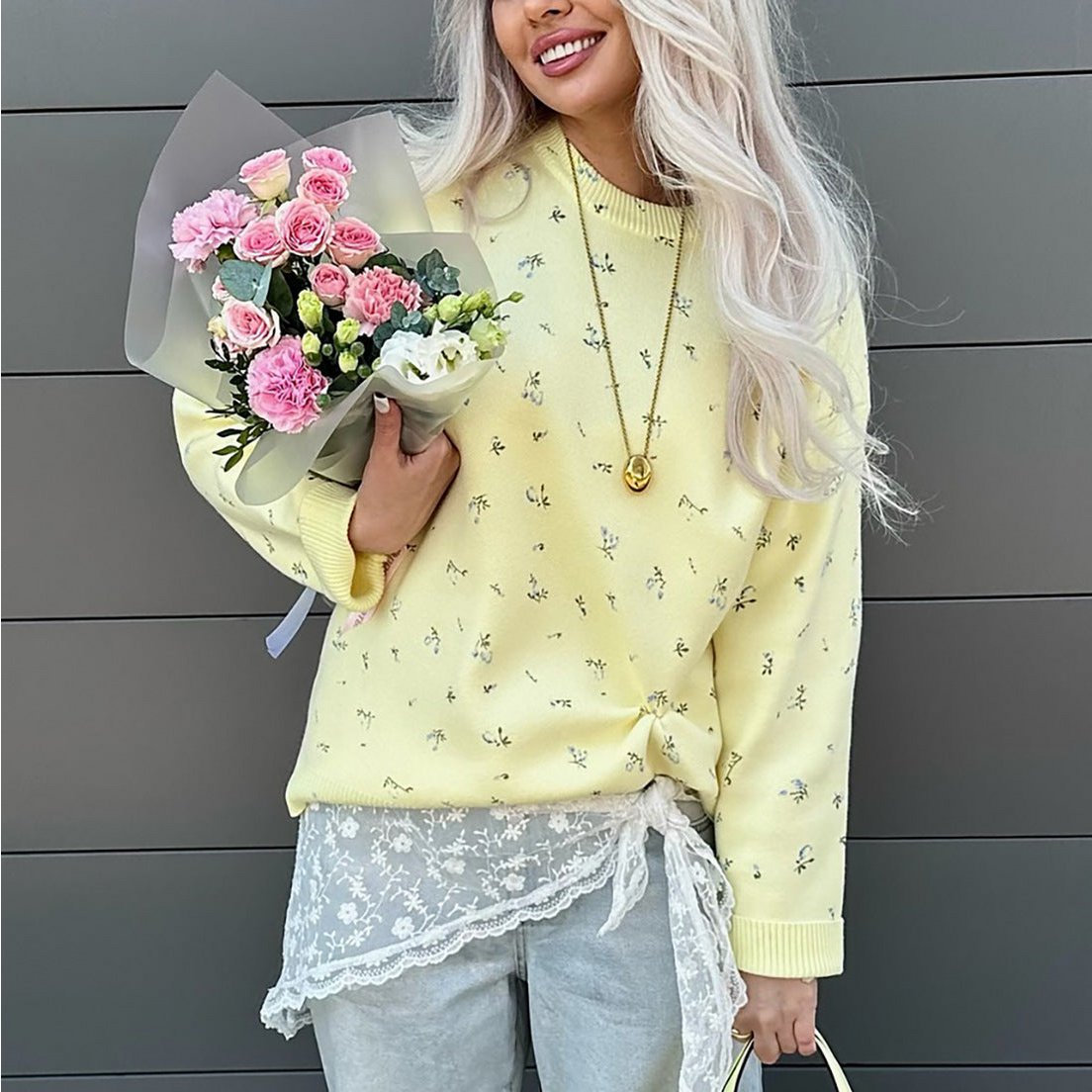 Kvinders europæisk og amerikansk stil Chic blomsterprint sweater med rund hals