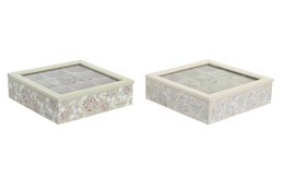 A square wooden box with a glass top, featuring 9 compartments. The box is made of MDF material and has a light gray color with a floral pattern design. The box is suitable for storing and displaying various tea accessories or other small items.