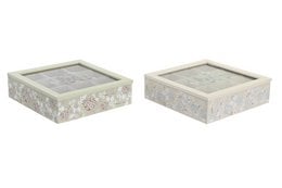 A square wooden box with a glass top, featuring 9 compartments. The box is made of MDF material and has a light gray color with a floral pattern design. The box is suitable for storing and displaying various tea accessories or other small items.