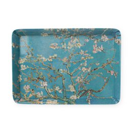 Rectangular serving tray featuring Van Gogh's Almond Blossom painting. Tray measures 21 x 14 cm and has a light blue background with yellow and white blossoms.