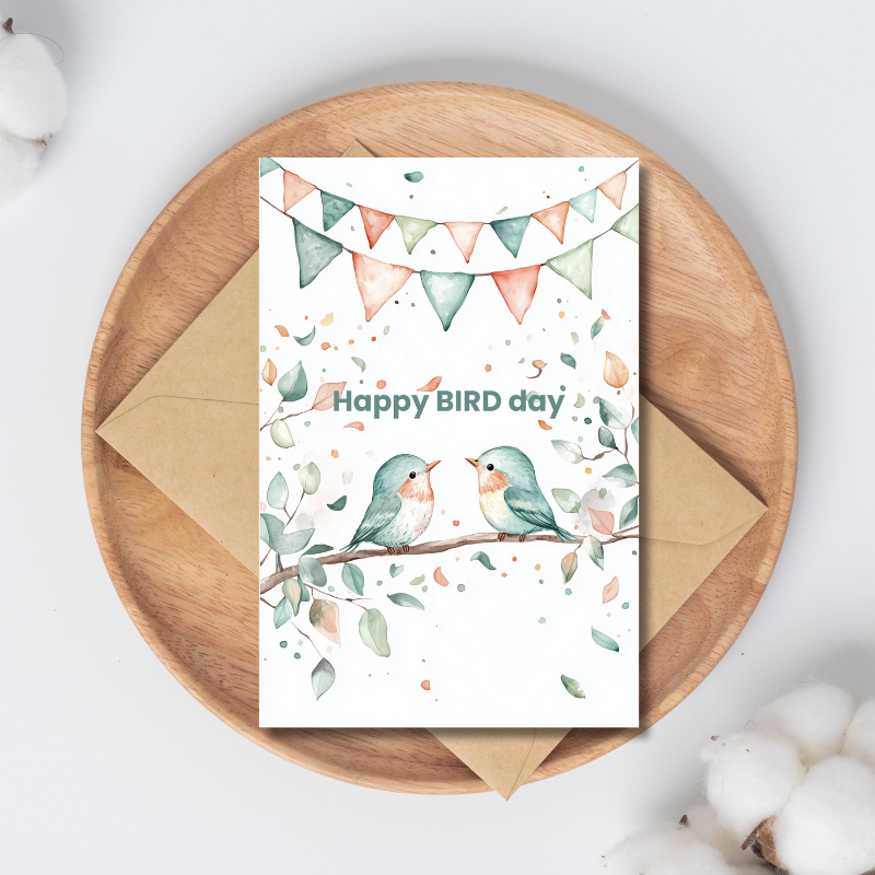 Tarjeta de felicitación feliz día del PÁJARO con pájaros.