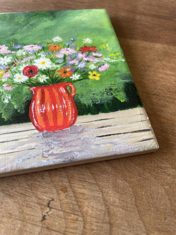 Ramo de campo en florero rojo | Azulejo pintado a mano