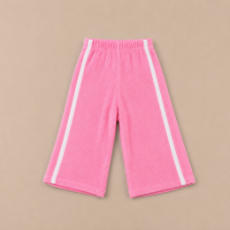  Pink wide fit terry cloth pants for kids, elastic waistband, white side stripes, comfortable loungewear.