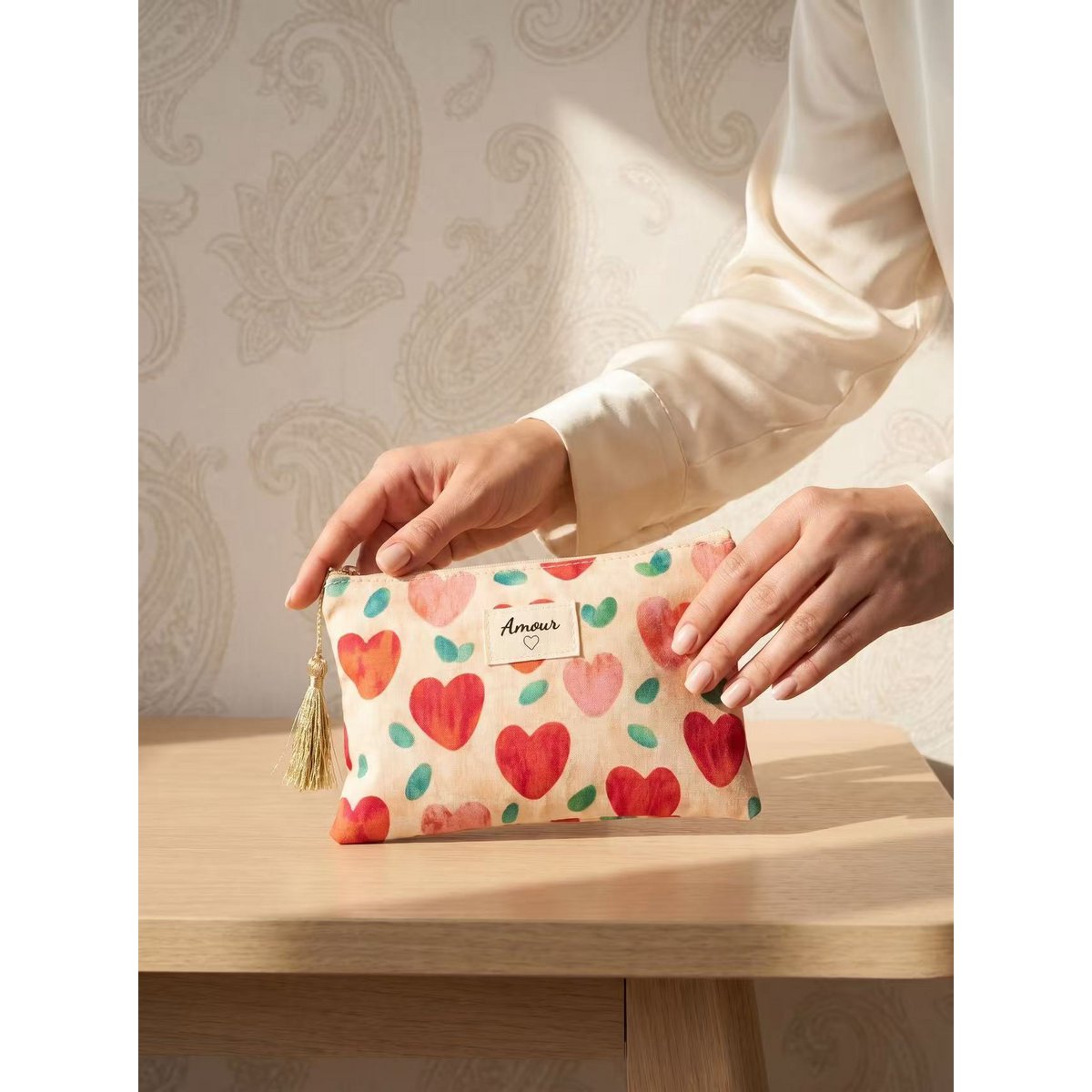 Toilettas etui 14x20 cm bedrukte harten Love gift pompon