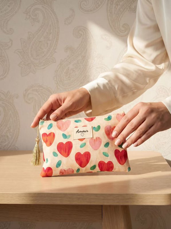 Toilettas etui 14x20 cm bedrukte harten Love gift pompon