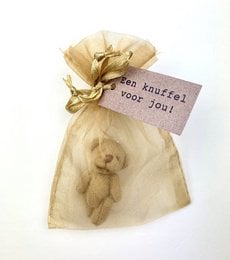 A plush teddy bear in a burlap gift bag with a tag that says "You knitted for you!"
The image shows a plush teddy bear inside a burlap gift bag. The bag has a tag attached that says "You knitted for you!". The teddy bear appears to be made of soft, light-colored fabric. This product is a plush toy, likely intended as a gift or keepsake.
