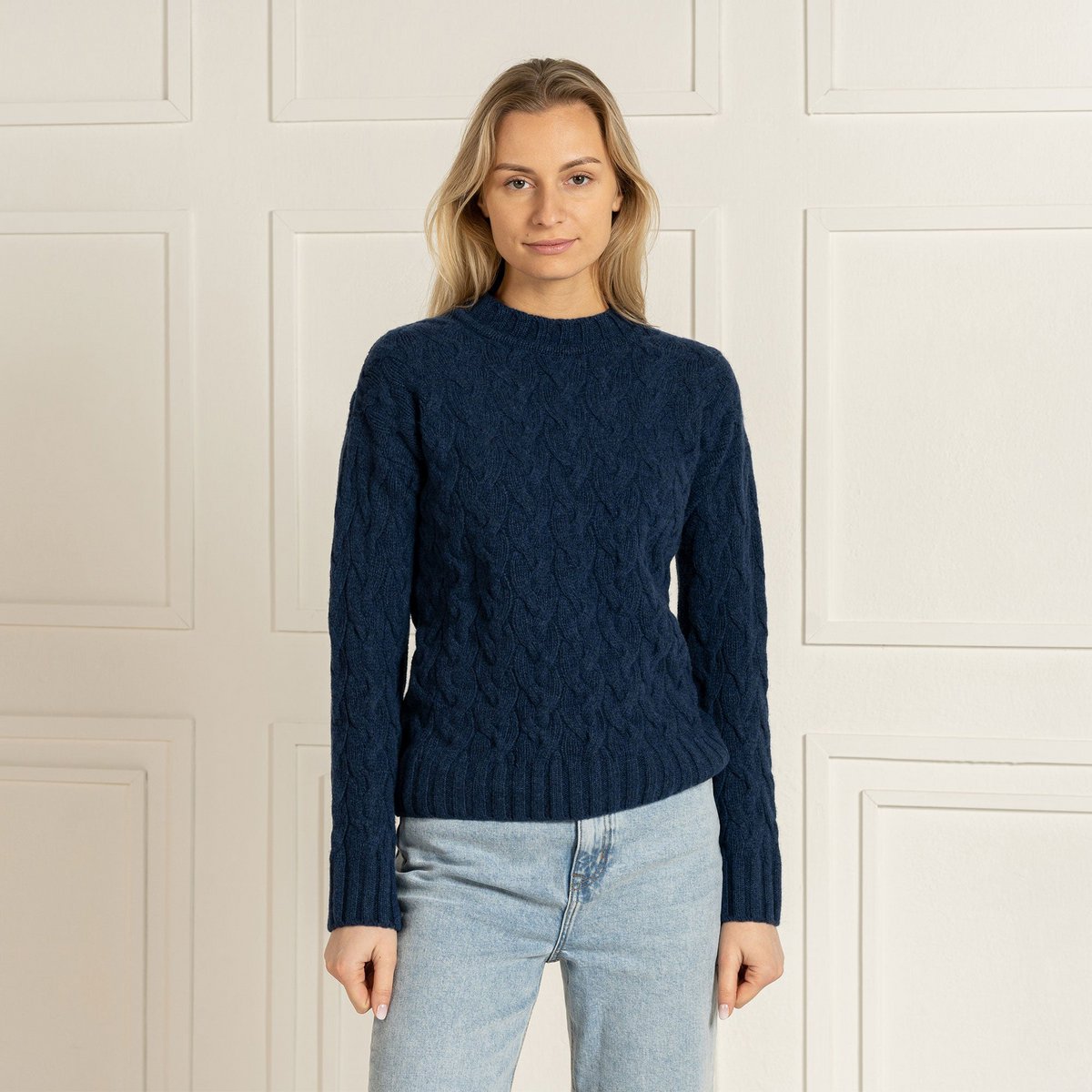 Kabeltrui voor dames, 100% Merino, Praag, donkerblauw