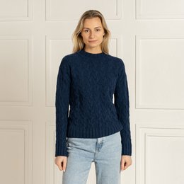 Damski sweter warkoczowy, wykonany w 100% z merynosów, Praga, ciemnoniebieski