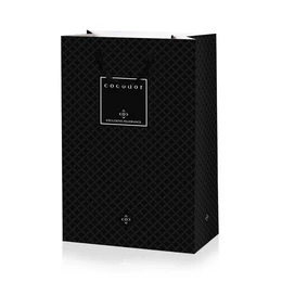 A black shopping bag with a diamond pattern design and a simple white label.