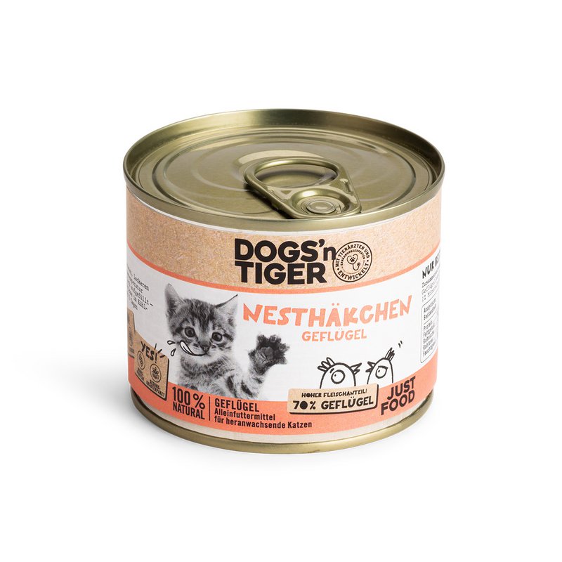 Dogs'n Tiger Junior, Kitten Premium nourriture pour chat, nourriture humide, sans céréales, oisillons, volaille, algues, citron vert et pissenlit