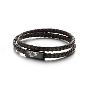 Frank 1967 7FB-0155 Heren Wikkelarmband met Staal Element - Gevlochten Leer en Dubbel Gewikkeld - Maat M - Bruin / Zwart