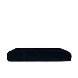 Dark navy blue recycled cotton polyester beach towel, soft absorbent material, rectangular shape.
