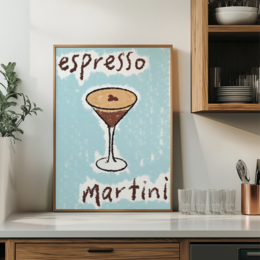 'Espresso martini cocktail poster with stylized drink illustration and text. Vibrant colors and retro design elements.'
The image shows a poster featuring a stylized illustration of an espresso martini cocktail. The poster has a retro, vintage-inspired design with vibrant colors of blue, pink, and green. The text on the poster reads "espresso martini" and "Cosmo". The illustration depicts the cocktail glass with a frothy, creamy top. This poster would be suitable for use in an ecommerce store selling home decor, bar accessories, or cocktail-themed products.