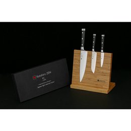 KATAHIRO ZEN 3-delt damask kokkekniv sæt - kokkekniv, santoku kniv, skærekniv med bambus magnetisk knivholder