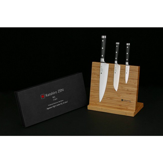 KATAHIRO ZEN 3-delt damask kokkekniv sæt - kokkekniv, santoku kniv, skærekniv med bambus magnetisk knivholder