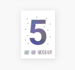 Glittery blue number 5 postcard with the text "Hip hip hooray!" Suitable for 5th birthday celebrations or other festive occasions.