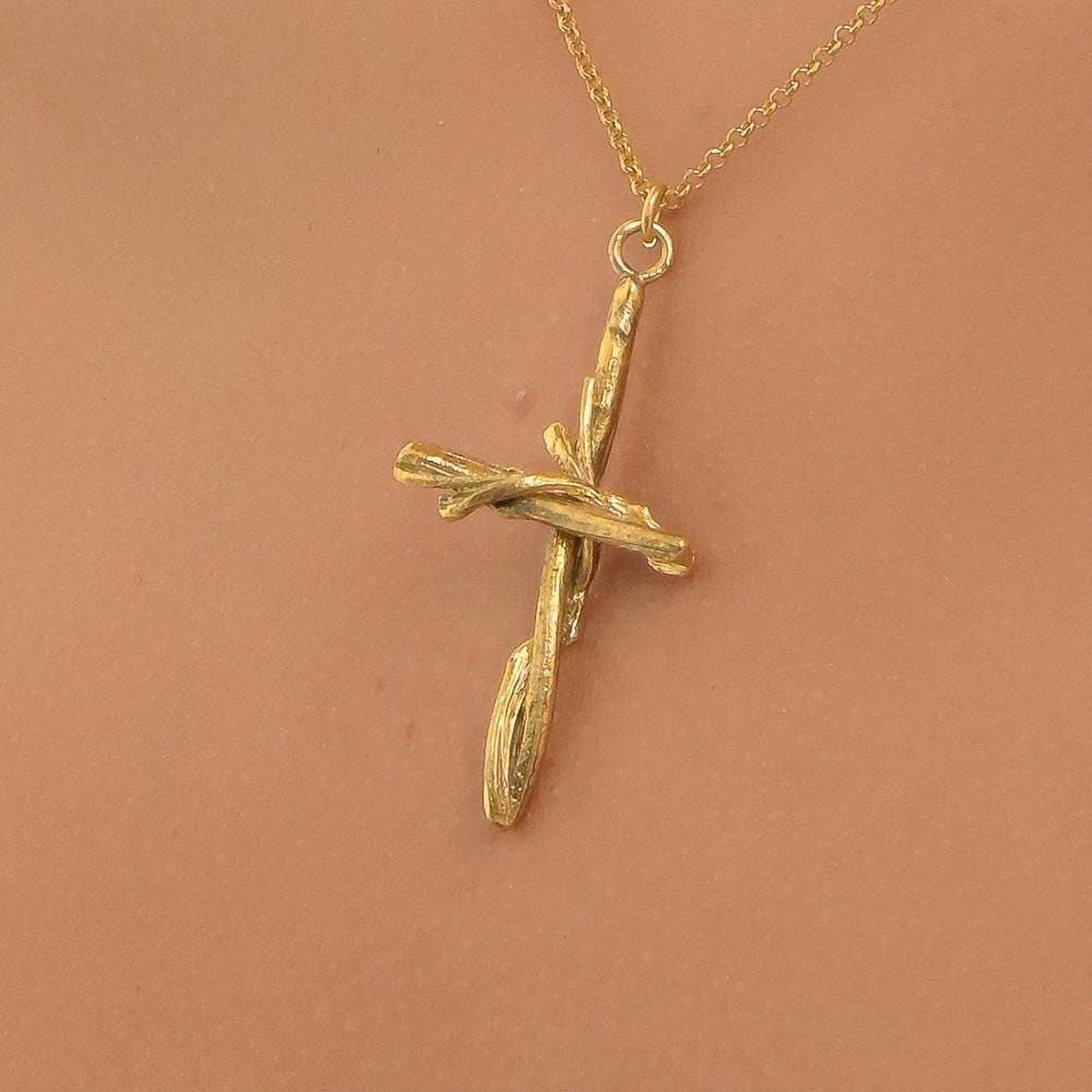 Gold Cross Necklace, Handmade Nature Jewelry, Organic Branch Pendant, Gift for Faith & Protection, Sterling Silver 925 Twig