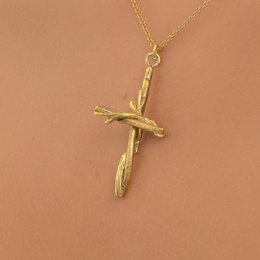 Gold Cross Necklace, Handmade Nature Jewelry, Organic Branch Pendant, Gift for Faith & Protection, Sterling Silver 925 Twig