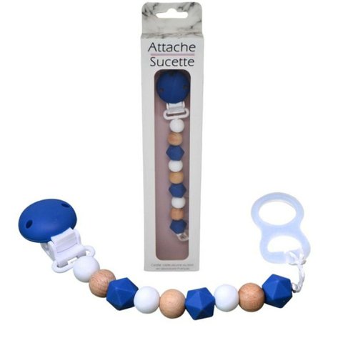 STANDARD SILICONE PACIFIER CLIP - WOOD AND NAVY BLUE **DESTOCK**