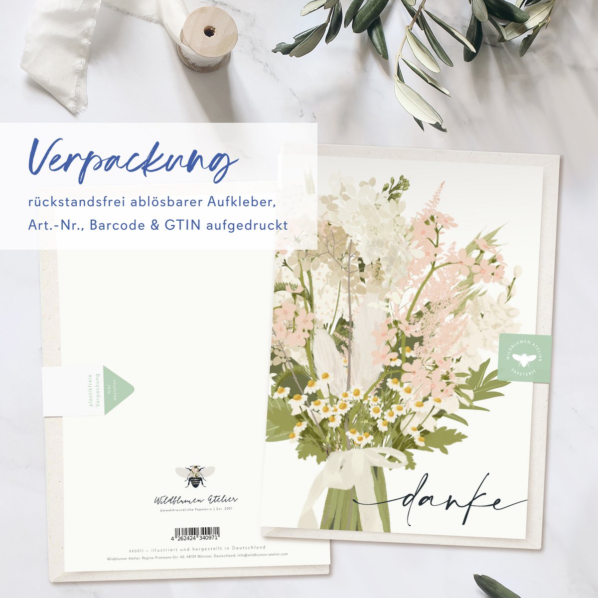 Folding card 'thank you' with a pink bouquet of flowers, including envelope