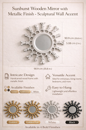 Sunburst træspejl med metallisk finish – Sculptural Wall Accent