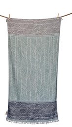 A large, rectangular beach towel in a navy blue and anthrax color scheme, featuring a woven pattern with chevron-like designs.