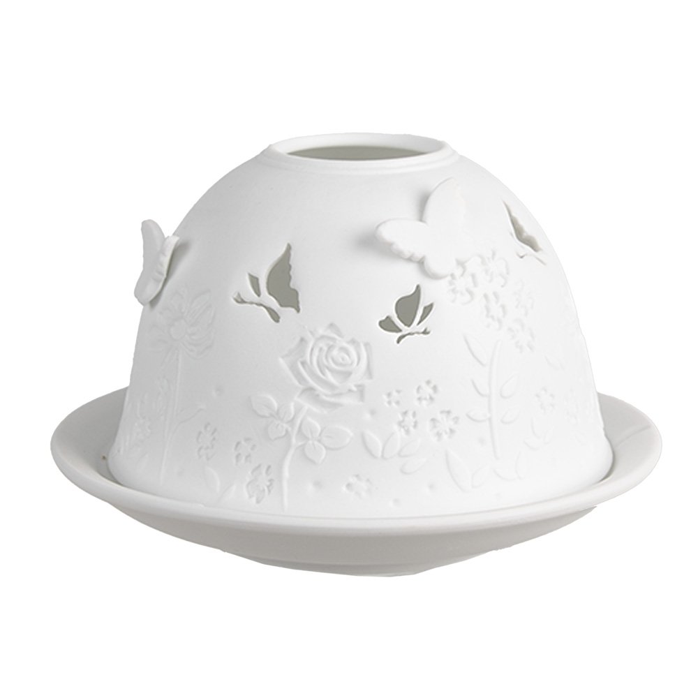 Tea light holder Ø 12x8 cm White Porcelain Butterflies