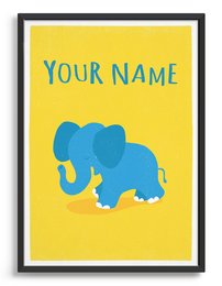 Elephant-themed wall art in customizable sizes and styles, featuring a blue elephant silhouette on a yellow background. Suitable for nursery, kids' room, or home decor.