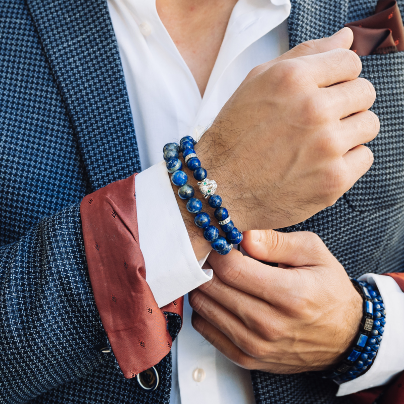 Bracciale Da Uomo In LAPISLAZZULI Con Testa LEOPARDO in Argento