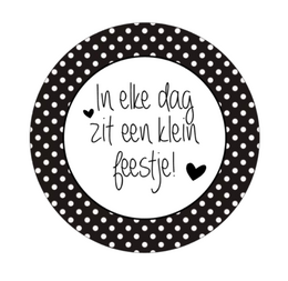 Round black and white polka dot hand mirror with text "In elke dag zit een klein feestje!" (In every day there is a small party!)