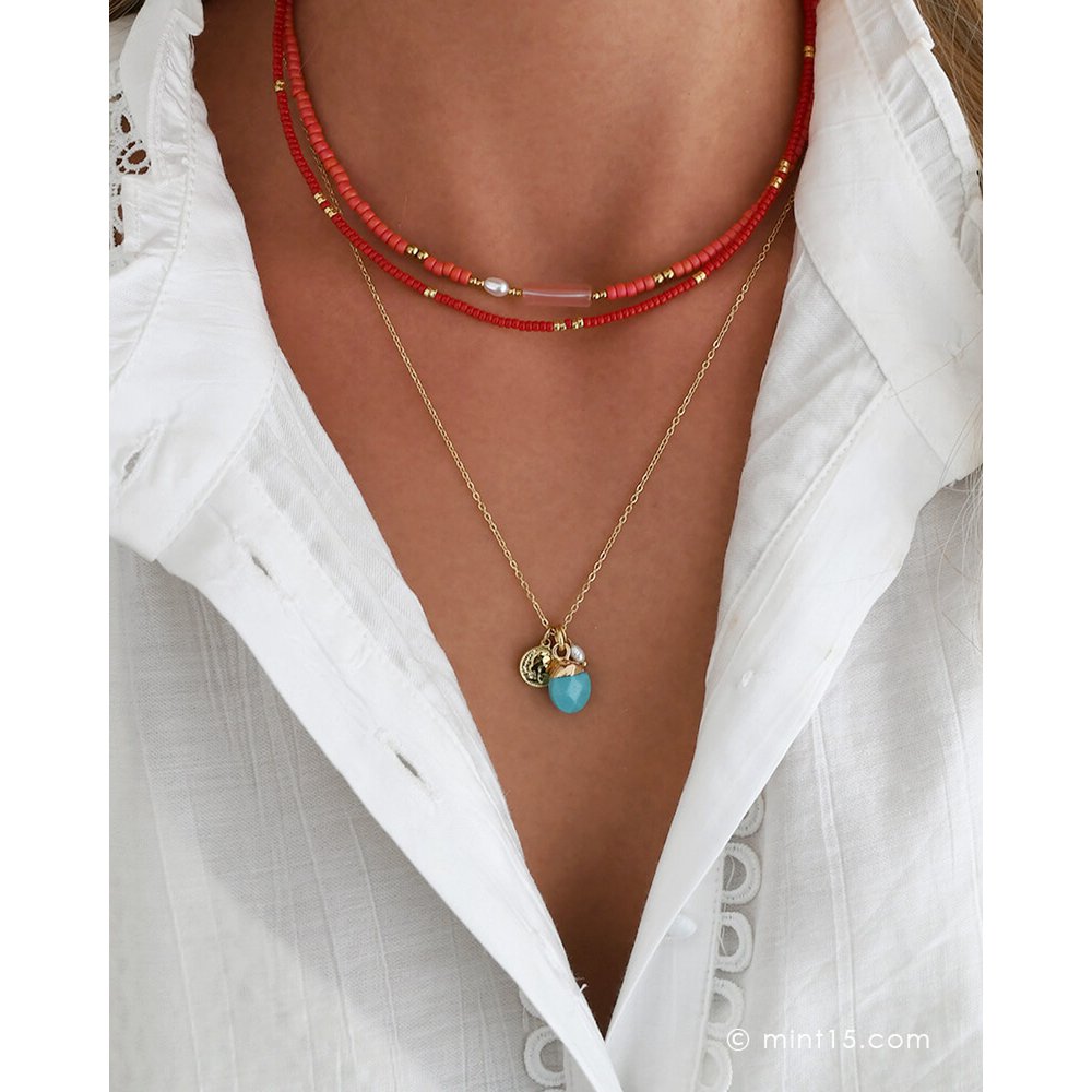 Collar de Cuentas Cuarzo y Perla 'Coral Sunset'
