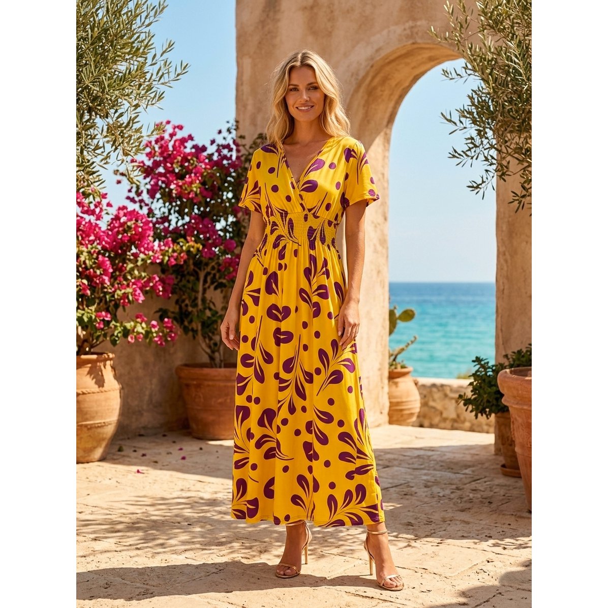 Sukienka maxi „Summer Flamboyant” – impresjonistyczny kwiatowy nadruk i marszczona talia – 610-10