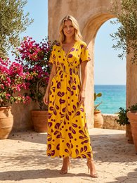"Summer Flamboyant" Maxikjole – impressionistisk blomsterprint og smocket talje – 610-10
