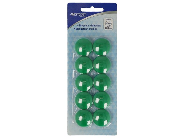 Magneet Westcott groen pak à 10st. Ø 25mmx11,8mm, 300g cap: 4-6 vel 80gr. papier