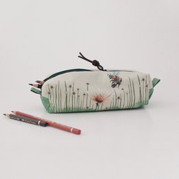 A square pouch or cosmetic bag featuring a bumblebee design with flowers and grass. The pouch has a zipper closure and is suitable for storing makeup, pencils, or other small items.
