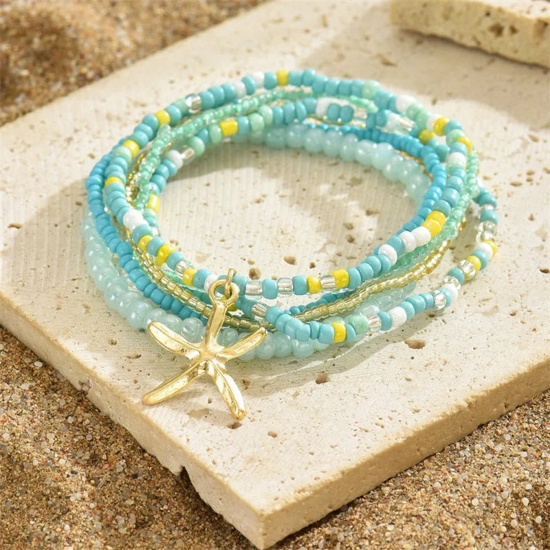 Bohemia Multilayer Rice Bead Ankelsæt til Kvinder Fashion Starfish Vedhæng Ankelkæder Sommer Sandstrand Ankelkæde På Ben Smykker