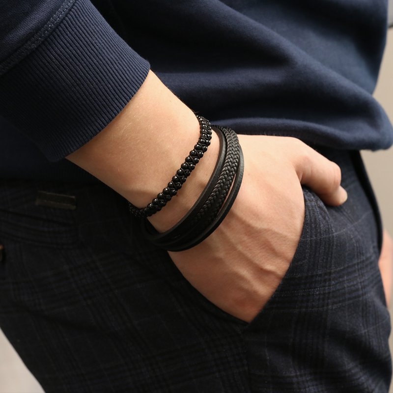 Frank 1967 7FB-0192 – Herrenarmband mit Stahlelement – ​​geflochtenes Leder – mehrschichtig – Länge 21 cm – Schwarz