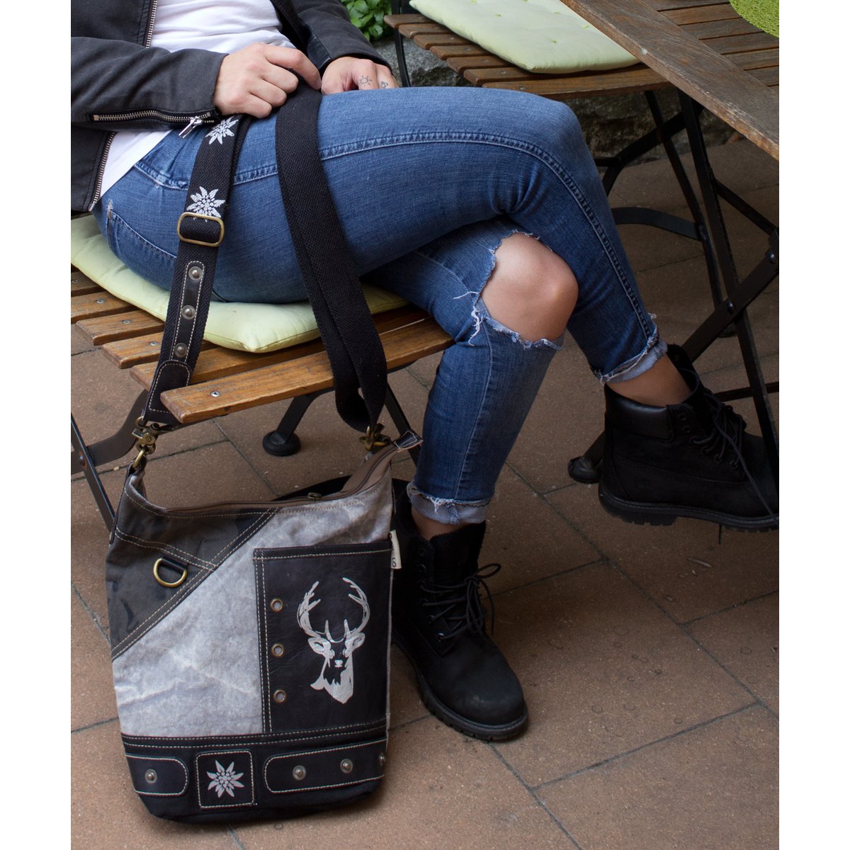 Domelo traditional bag. Women's shoulder bag. Dirndl shoulder bag made of canvas and leather. Handbag in traditional style with deer edelweiss print. Crossbody bag for women as Oktoberfest accessories.