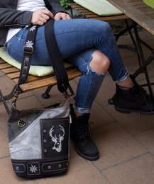 Traditionele tas van Domelo. Dames schoudertas. Dirndl schoudertas gemaakt van canvas en leer. Handtas in traditionele stijl met hertenedelweissprint. Crossbodytas voor dames als Oktoberfest-accessoire.