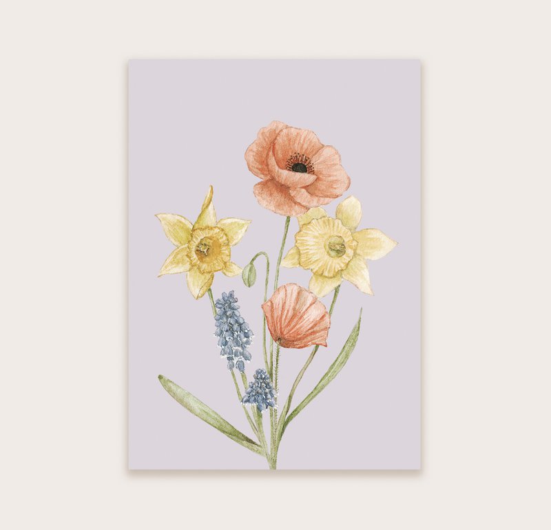 Bouquet da cartolina di papaveri, narcisi e uva blu